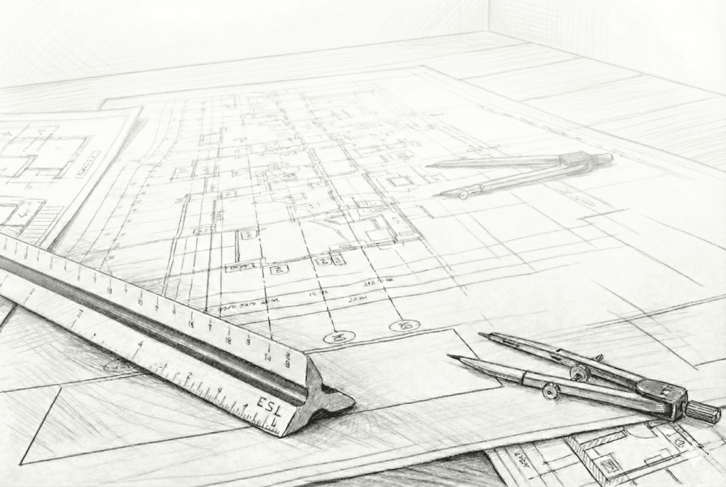 Handritad arkitektonisk referens: bygglovsritningar, pennor och linjaler i samma teknik som BTB:s tjänstebilder.